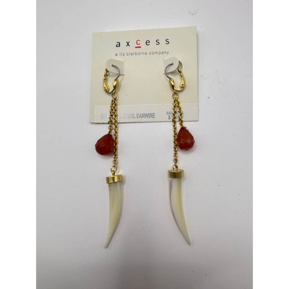 Axcess Liz Claiborne Gold Tone Red Bead Cream Tusk Dangle Earring Surgical Steel